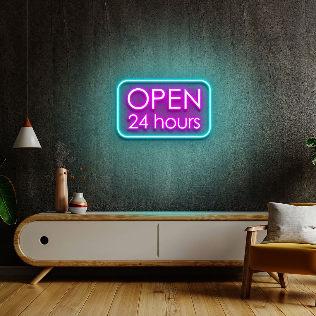 Open 24 Hours Neon Sign - Multicolor | NEON SIGNO® Custom Neon Signs